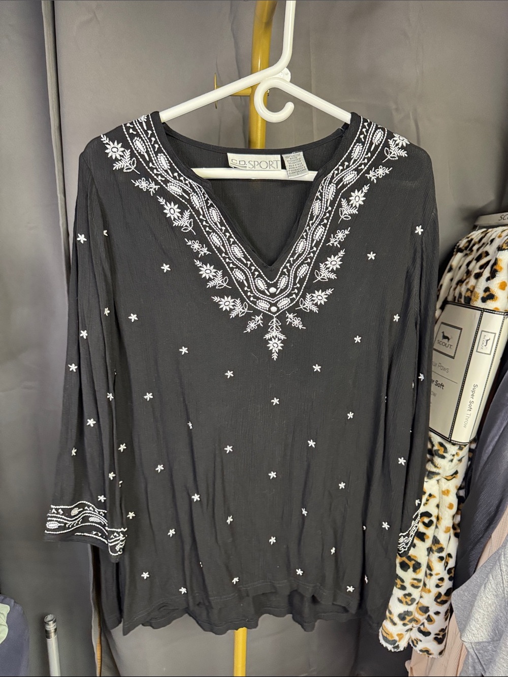 Black Embroidered V-Neck Women's Top